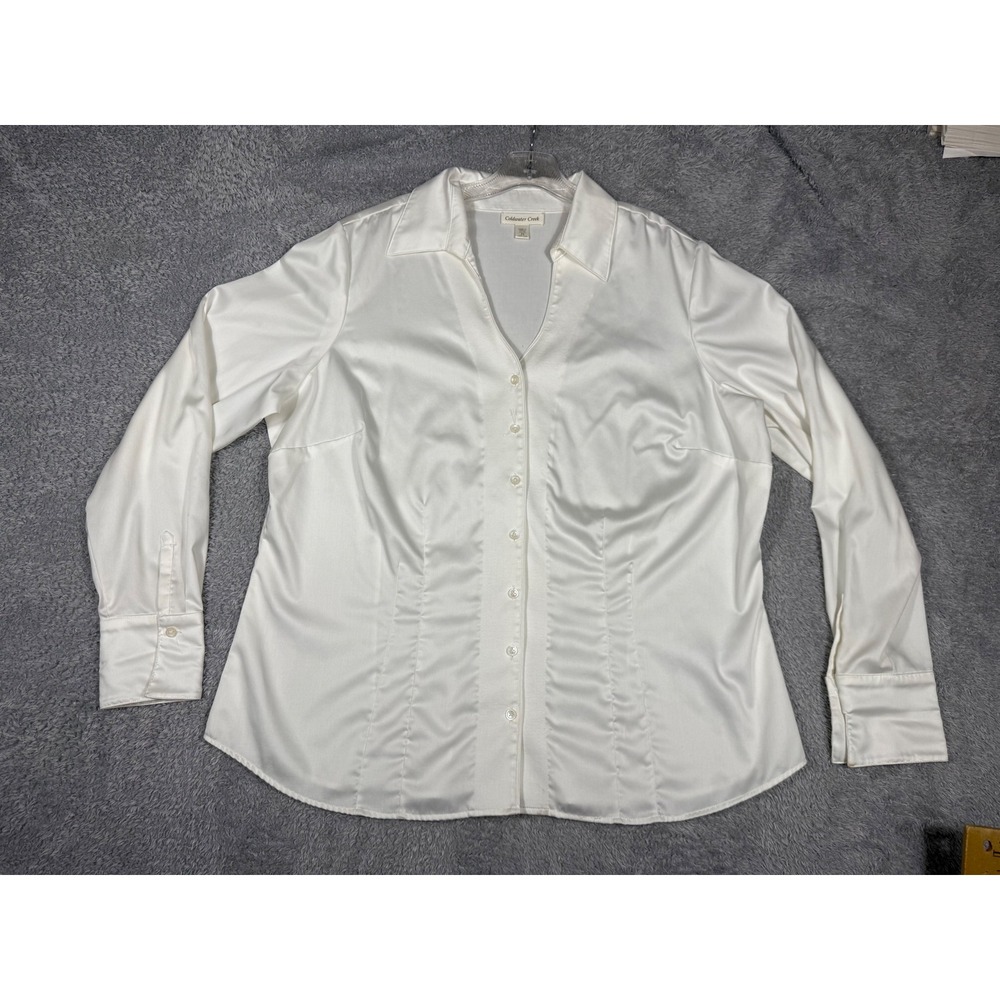 Coldwater Creek Button Up Women 2X Cream Good Satin Long Sleeve Officecore Shirt